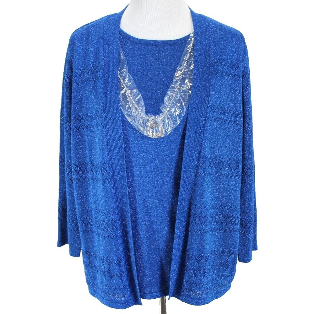 Alfred Dunner Layered Cardigan Sweater Womens Size M Metallic Blue 3/4 Sleeve